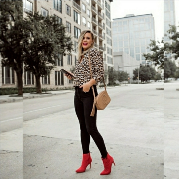 Red Trendy Ankle Boots Pointy Toe Studded Bootie - Picture 3 of 10